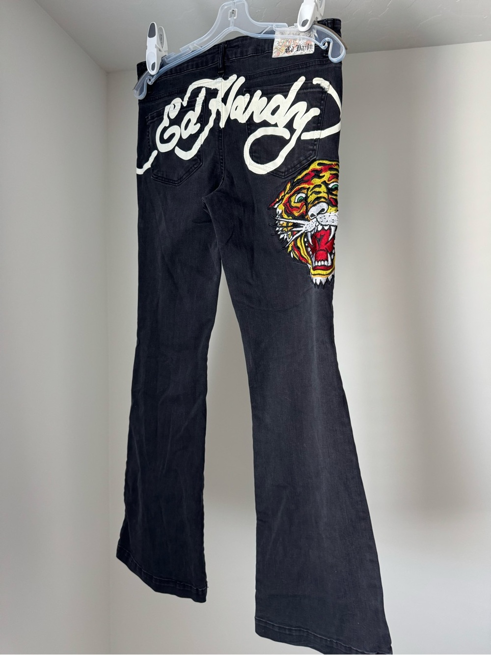 Ed Hardy Black Jeans with White Logo and Colorful Tiger